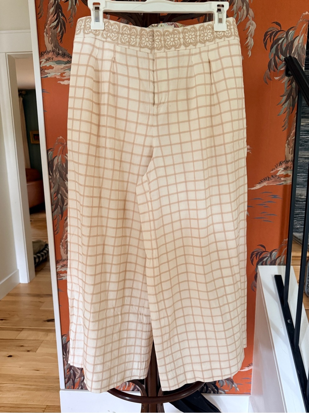 elevenses for Anthropologie Windowpane Wide-Leg Pants with Floral Trim